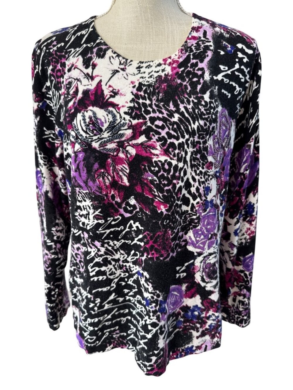 Pierri New York Womens Floral Animal Print Long Sleeve Top Sz 1X Black Purple Be